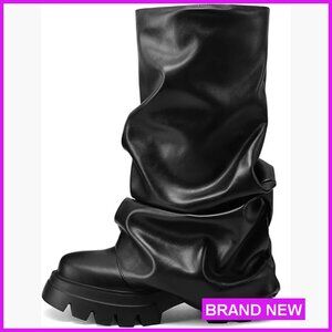 Glitter Metallic Platform Boots Fold Over Slouchy Wide Calf Chunky Heel